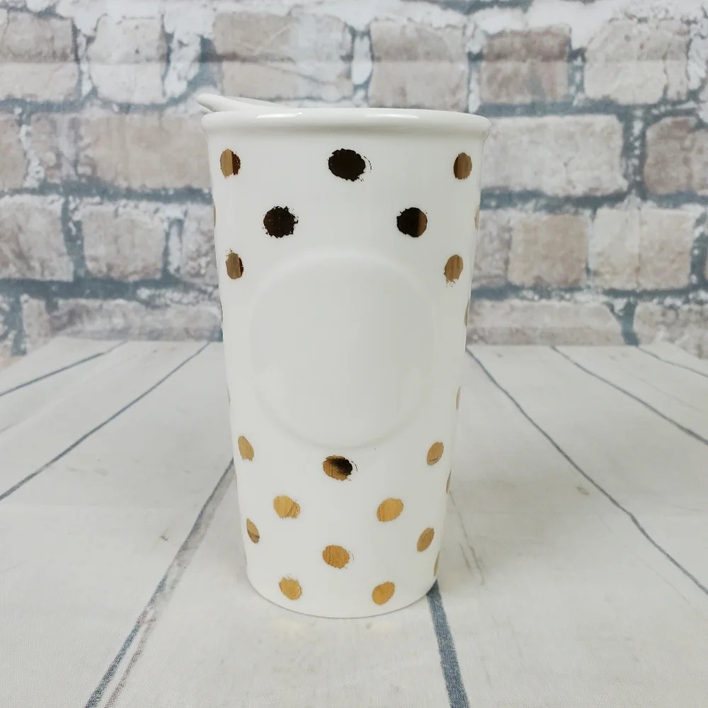 Starbucks Double Wall Travel Tumbler Dot Collection Gold Polka Dots White Lidded